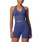 ABOCIW Workout Sets for Women 2 Piece Seamless Halter Cropped Tank Scrunch Butt Lifting High Waist Shorts Gym Sets