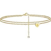 Ursteel Ankle Bracelets for Women, 14K Gold Plated Dainty Layered Heart Initial Anklets for Women Gifts