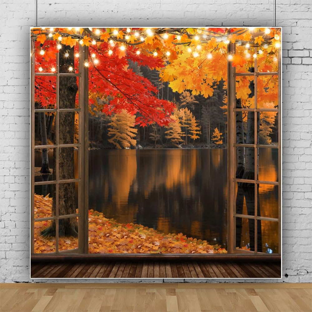 Photo 1 of 10x10ft Fall Window Backdrop for Photoshoot Autumn Forest Lake Natural Landscape Background Outside The Window Fall Photography Backdrops for Party Decorations Wall Decor Photo Studio Booth Props