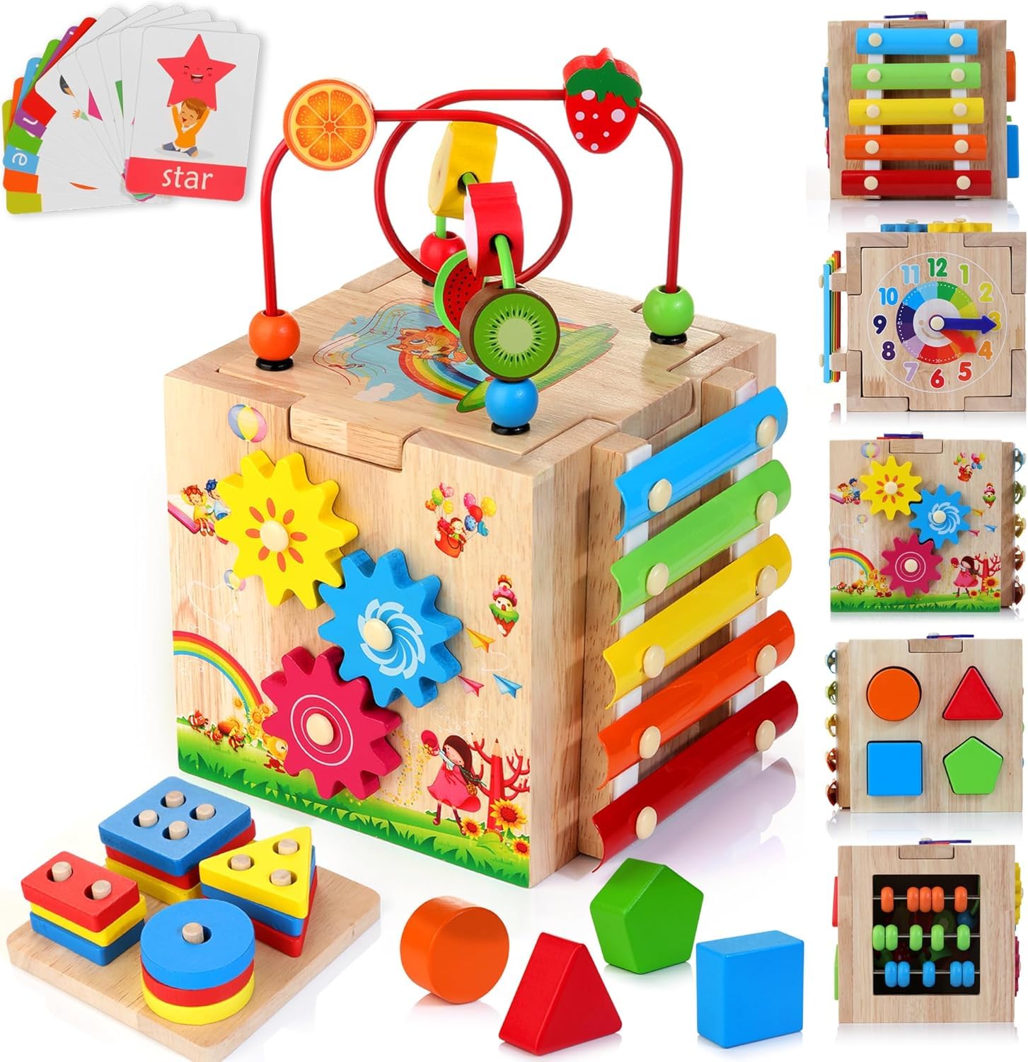 HELLOWOOD Wooden Activity Cube Baby Toys, 8-in-1 Montessori Educational Toy Set, Bead Maze Shape Sorter Abacus Xylophone Words & Clock Learning, STEM Toys for Boys Girls Toys for 1 2 3 years old
