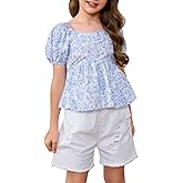 OYOANGLE Girl's Floral Print Square Neck Tops Puff Sleeve Cinched Waist Blouses
