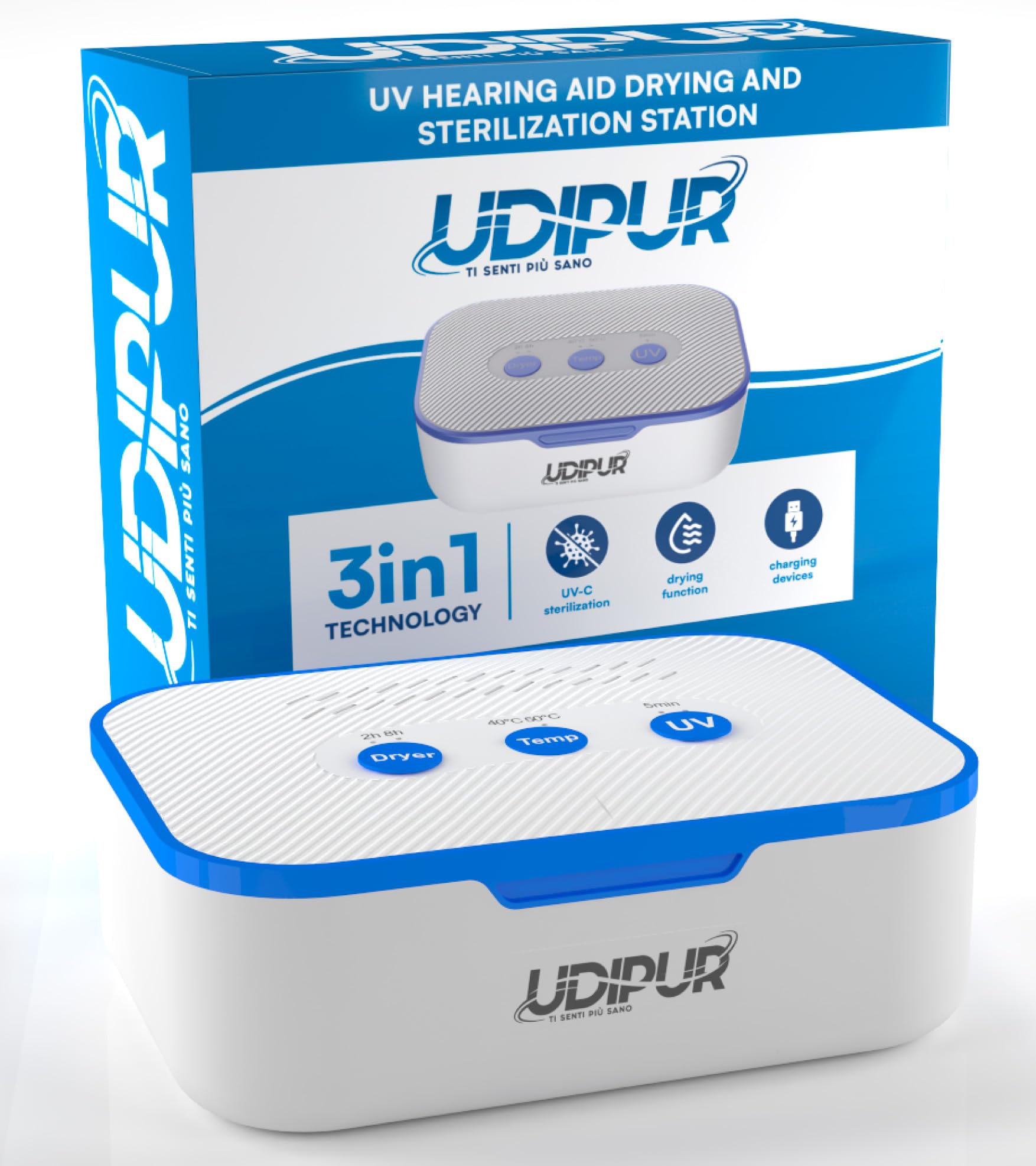 3in1 Multifunction Station with UV Sterilisation Drying and Charging USB Type-C for Hearing Aids Udipur Temperature Adjustable Up to 50°C - 110x90x40mm