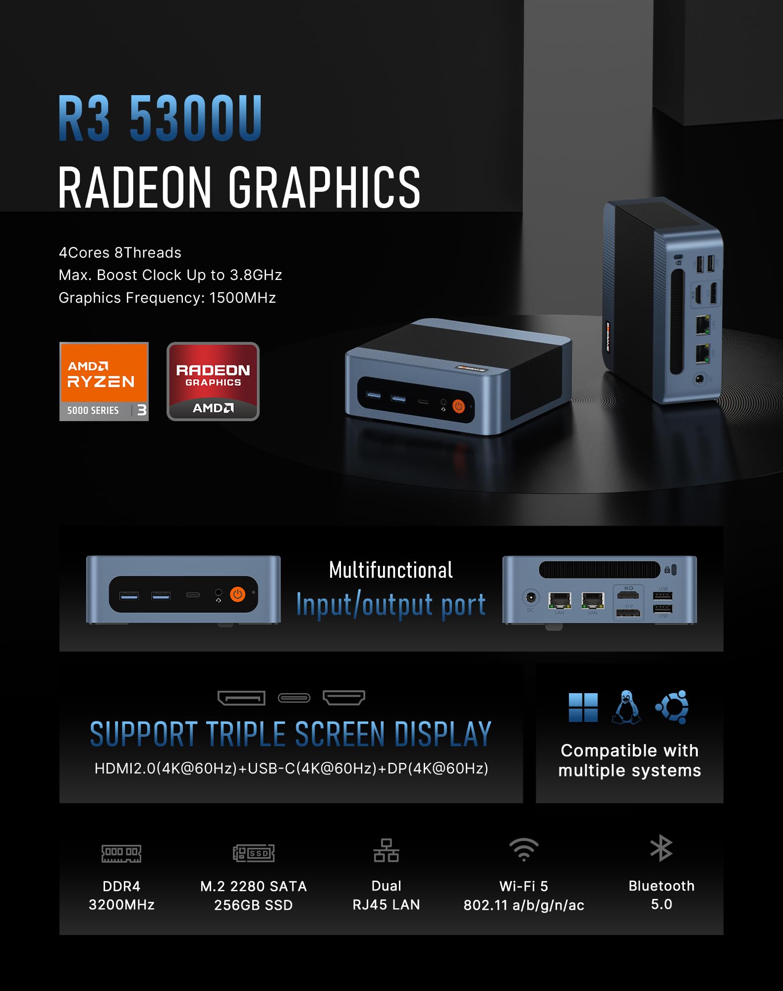BOSGAME E5 Ryzen 3 5300U Mini Pc, Windows 11 Pro, 4 Cores, 8 Threads, Up to 3.8GHz, 8 GB DDR4 RAM, NVMe PCIE3.0 256 GB SSD,4K@60Hz Triple Display, HDMI2.0,USB-C 2