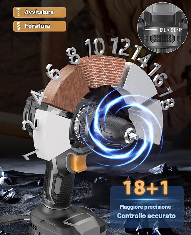 Trapano Avvitatore Brushless 21 V, 42N.m, Batteria 2,0 Ah