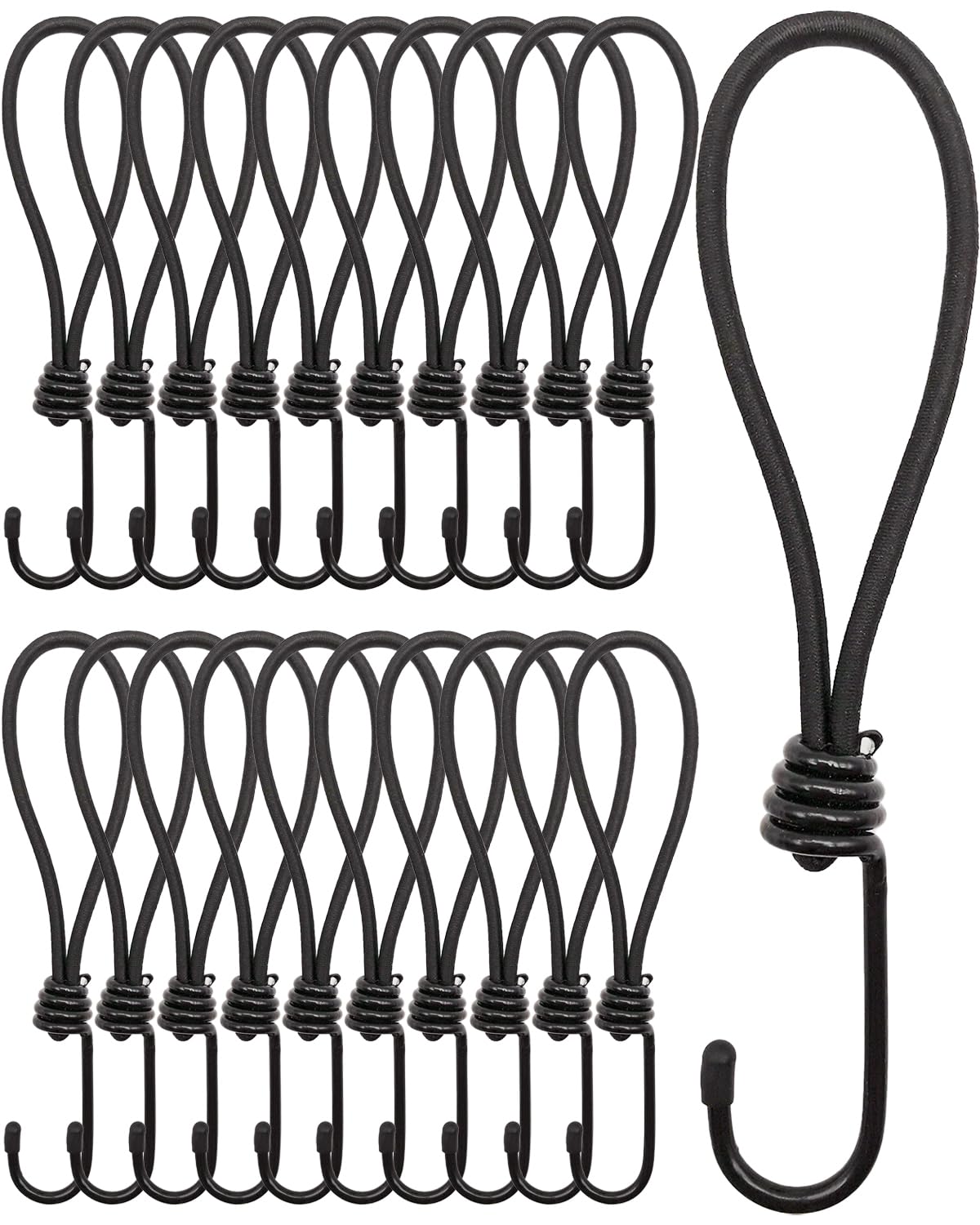 BINCKIN Short Bungee Cords with Hooks 20cm - 25 PCS Bungees Cord with Hook, Heavy Duty Bundy Cord with Hooks, Tarpaulin Hooks for Camping, Tents, Fixings (Black)