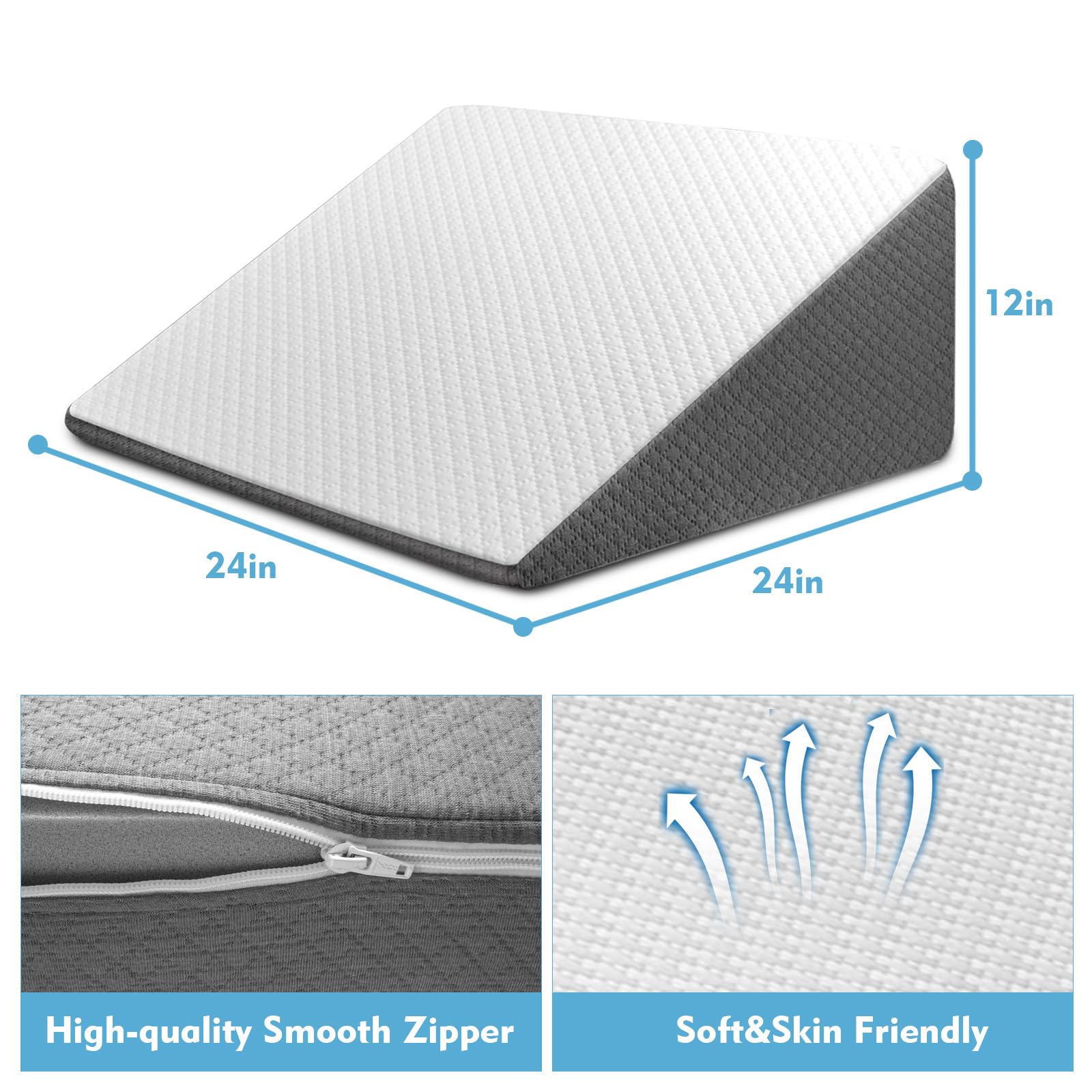 Wedge Pillow for Sleep Apnea, 12 Inch Bed Wedge Pillow for Headboard, Headboard Triangle Pillow Wedge for Acid Reflux, After Surgery, Snoring, Cooling Memory Foam Top, Removable Cover