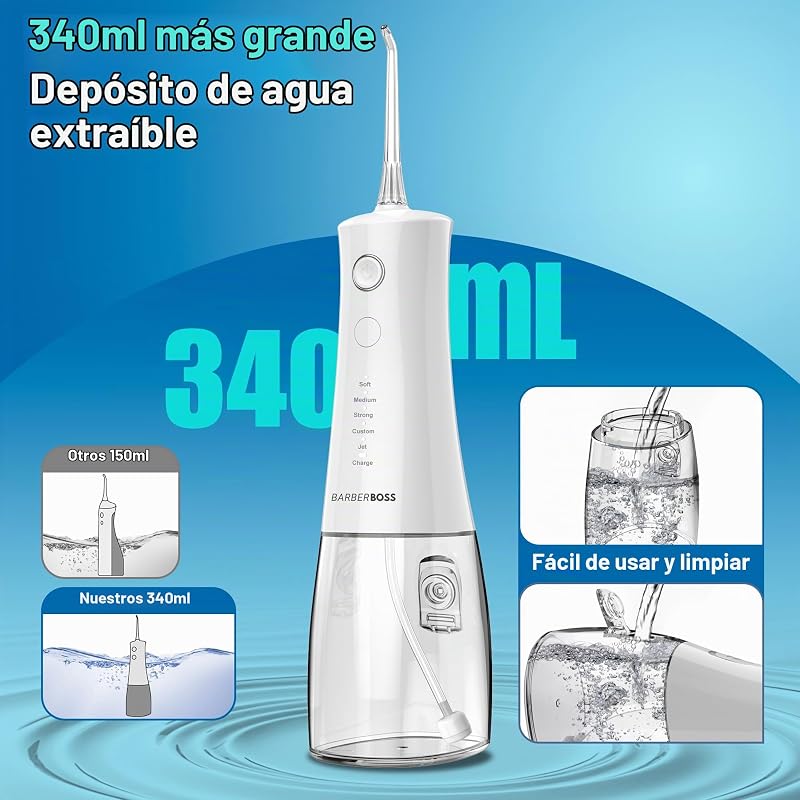 Irrigador bucal avanzado, 5 modos de presión y tanque grande de 340 ml, irrigador oral impermeable IPX8, 4 puntas de chorro y bloqueo de viaje, irrigador dental de agua, QR-7104 (Blanco)