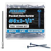 Pocket Hole Screws 2-1/2 Inch, FIXLINK Pocket Screws #8 X 2-1/2", 90 PCS, Above 1000 Hour Salt Spray Blue Coated Pocket Hole Screw for Outdoor, Square Drive, 150MM Drive Bit Included