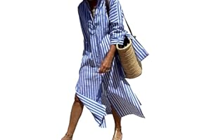 EKOMFO Aviation Aviationp Shirt Dress, Aviationp Classic Striped Lace-Up Shirt Dress, Lapel Slit (Gray,X-Large)