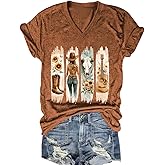 onivison Women's T-Shirts V-Neck Graphic Tees Western Rodeo Shirt Summer Casual Short Sleeve Tops