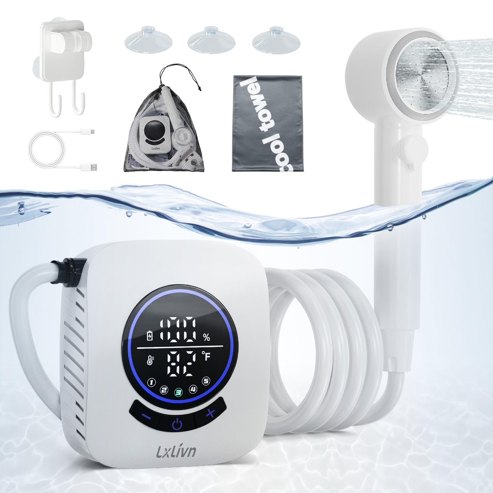 Photo 1 of 8000mAh Portable Shower, Rechargeable Camping Shower with Intelligent Led display, IPX8 Waterproof, 5-Speeds Control, 4 Spray Modes, Outdoor Shower for Camping, Car, Pet, Garden with Cooling Towel Set