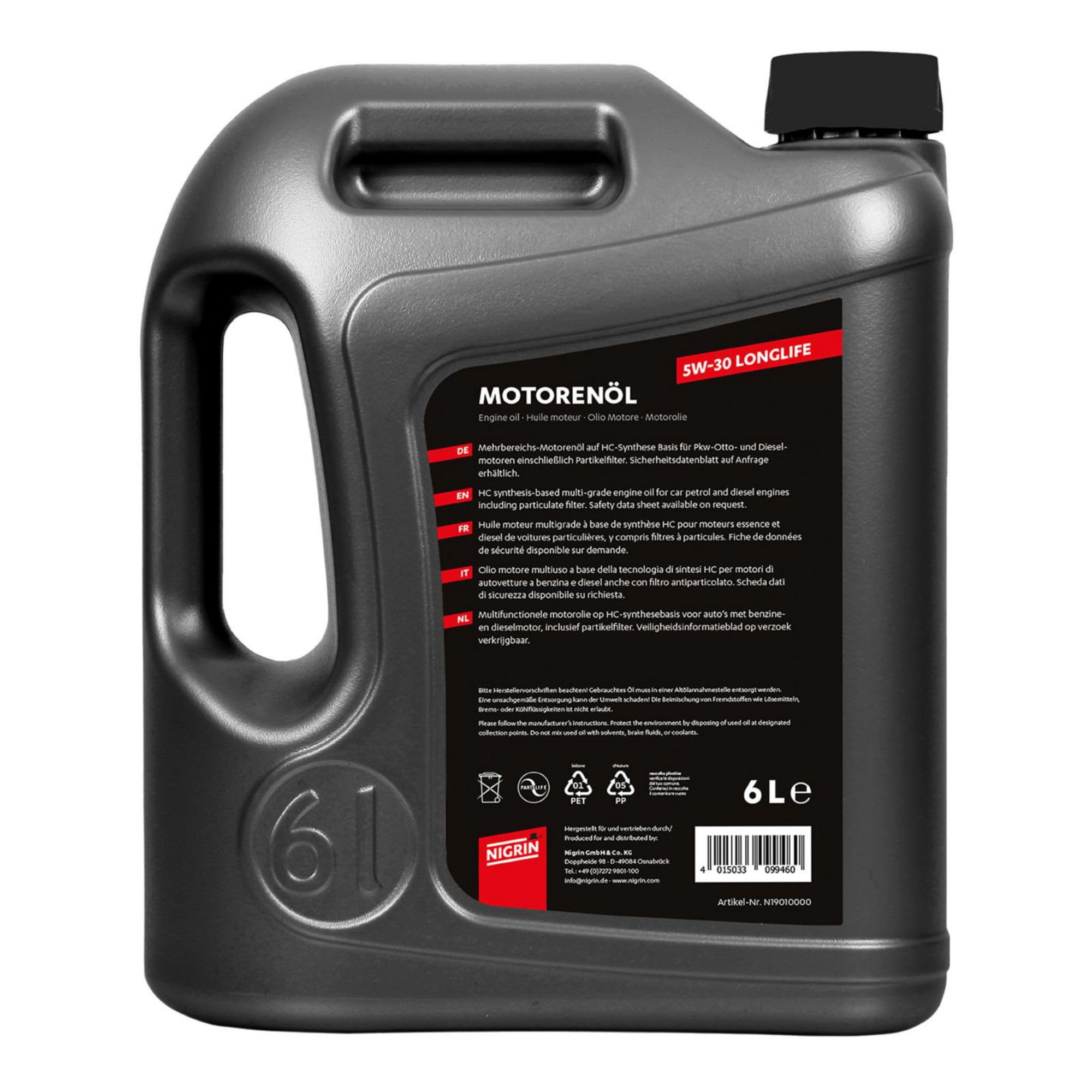 NIGRIN Motorenöl 5W-30 LongLife III | 6 Liter | für Pkw- Otto- und Dieselmotoren einschließlich Partikelfilter, Mehrbereichsmotoröl auf HC-Synthese Basis, VW 504 00/507 00/503 00/506 00 7