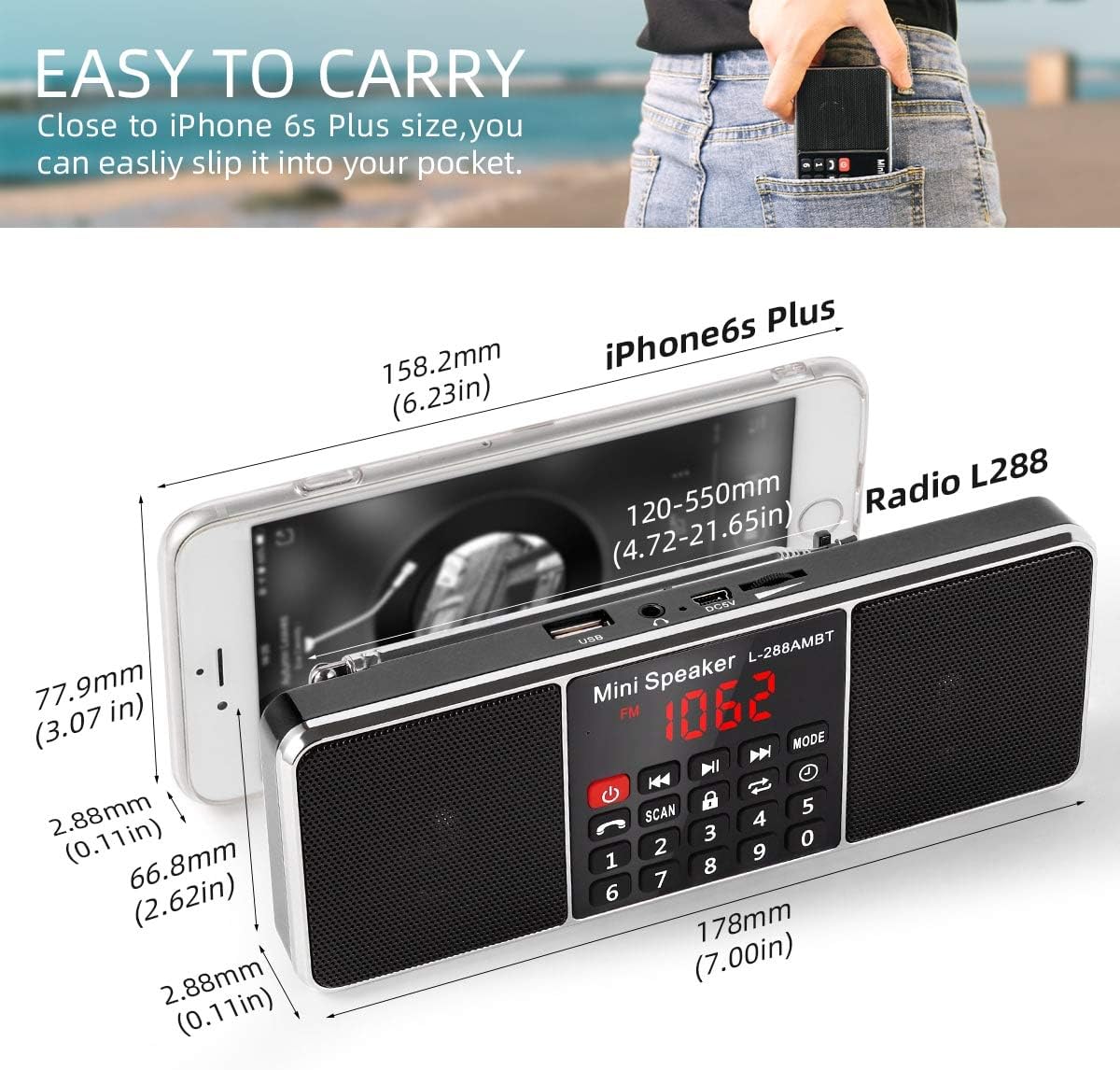 PRUNUS J-288 AM/FM Radio Portable, Hands-Free Bluetooth Radio Stereo Speaker with Sleep Timer, Power-Saving Display, Ultra-Long Antenna, AUX Input & USB Disk & TF Card MP3 Player(Black): Electronics