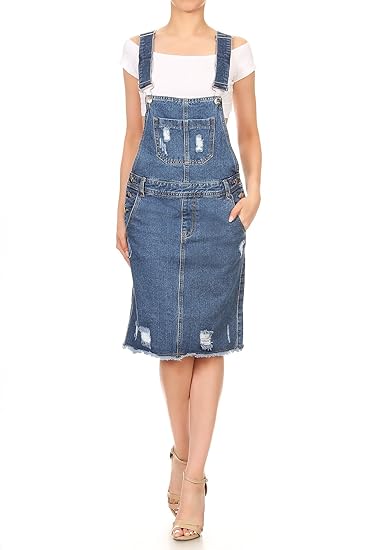 Anna-Kaci Damen Lässig Raw Edge Hem Denim Kratzen Stil Jeansskirt Jeansrock Minirock Verstellbar Träger Latzkleid Latzrock Ro