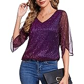 BILIKE JOMEX Women's 3/4 Sleeve Glitter Blouses Dressy Sparkly Double Layers Mesh Tops