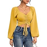 Rooscier Women's Drawstring V Neck Ruched Lantern Long Sleeve Tie Back Crop Top Blouse