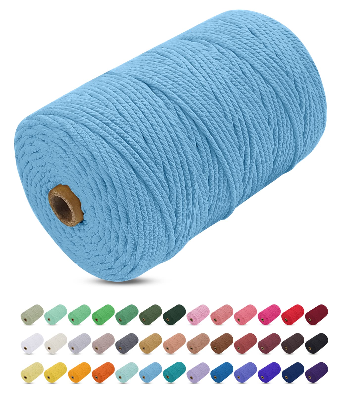 Uiopa Macrame Cord 3mm x 200m, Thick Macrame Rope Yarn Soft Natural Cotton Cord, Coloured 4-Ply Macrame String for DIY Craft, Plant Hangers, Wall Hanging, Christmas Decorations (Sky blue)