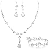 Crysdue Teardrop Bridal Jewelry Set for Wedding Party, Silver/14K/Rose Gold Plated Prom Costume Jewellery for Bride Bridesmaids Women, Cubic Zirconia Necklace Dangle Earrings Bracelet
