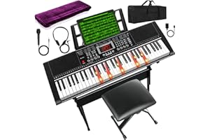 AQNIEGEP 61 Key Keyboard Piano for Beginner Electric Keyboard Piano for Beginner/Professional with Stand Bench Headphones Piano Cover Bag Lighted Keyboard LED Screen Sheet Music Stand Microphone