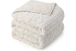 Drewin Weighted Blanket 15lbs Queen Size, Soft and Thick Jacquard Sherpa Heavy Blanket for Calming and Relax, Dual Sided Ultra Soft Fuzzy Throw Blanket with Ceramic Beads, 60 x 80 inches, Cream White