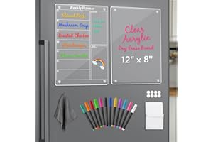 SMARPAU Magnetic Acrylic Calendar for Fridge 8"X12" Acrylic Magnetic Dry Erase Board Clear Weekly & Blank Memo Planning Board for Refrigerator Set Includes 12 Colorful Markers Pen Holder and Erase Towel