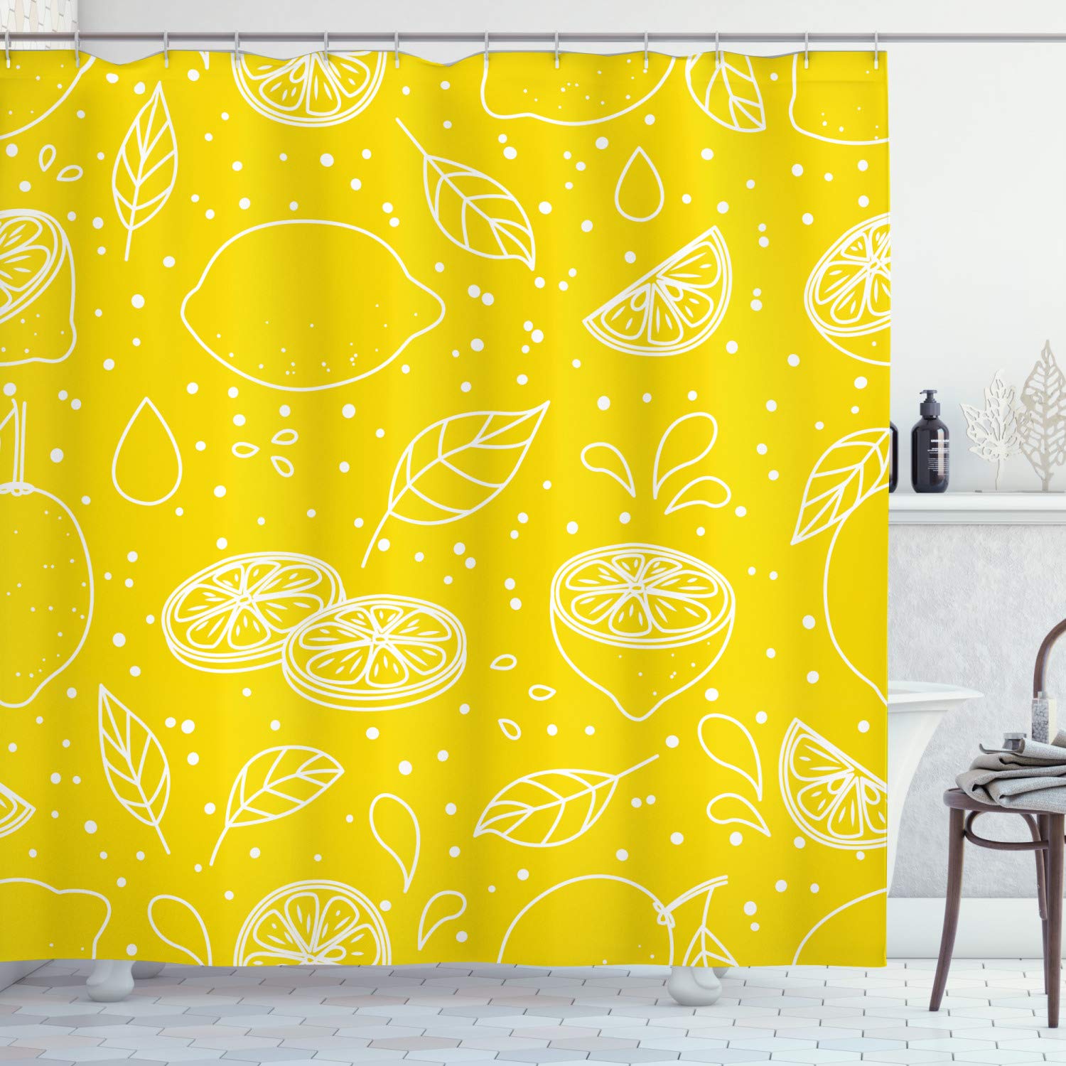 ABAKUHAUS Yellow and White Shower Curtain, Fresh Pattern Juicy Lemons Organic Citrus Ripe Fruit Vegetarian, Cloth Fabric Bathroom Decor Set with Hooks, 70 Inches, Yellow White
