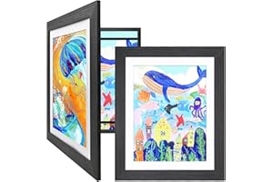 KINLINK 10x12.5 Kids Art Frames Set of 2, Solid Wood Kids Artwork Frames Changeable with Acrylic Front Opening Holds 150 Pictures, Art Frames for Kids Artwork with Mat or without Mat, Black