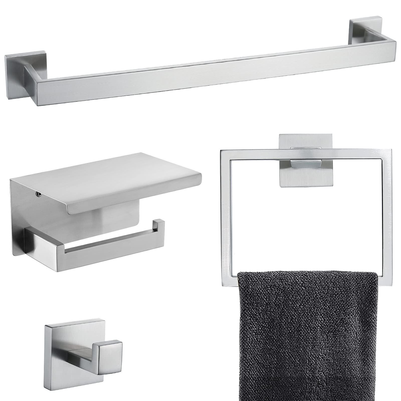 Photo 1 of Brushed 4-Piece Bathroom Hardware Set Premium Stainless Steel Bath Towel Bar Sets Wall Mounted Bathroom Toilet Paper Holder with Shelf Set, 23.6 Inch
