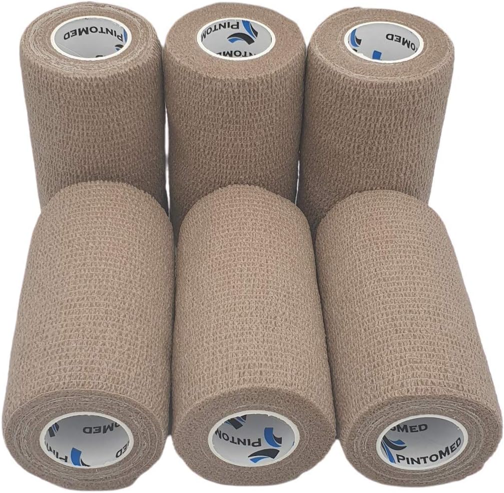 PintoMed, 6 X Beige X 10CM X 4.5M, Cohesive Bandage Stretched, Self-Adhesive Flexible Bandages