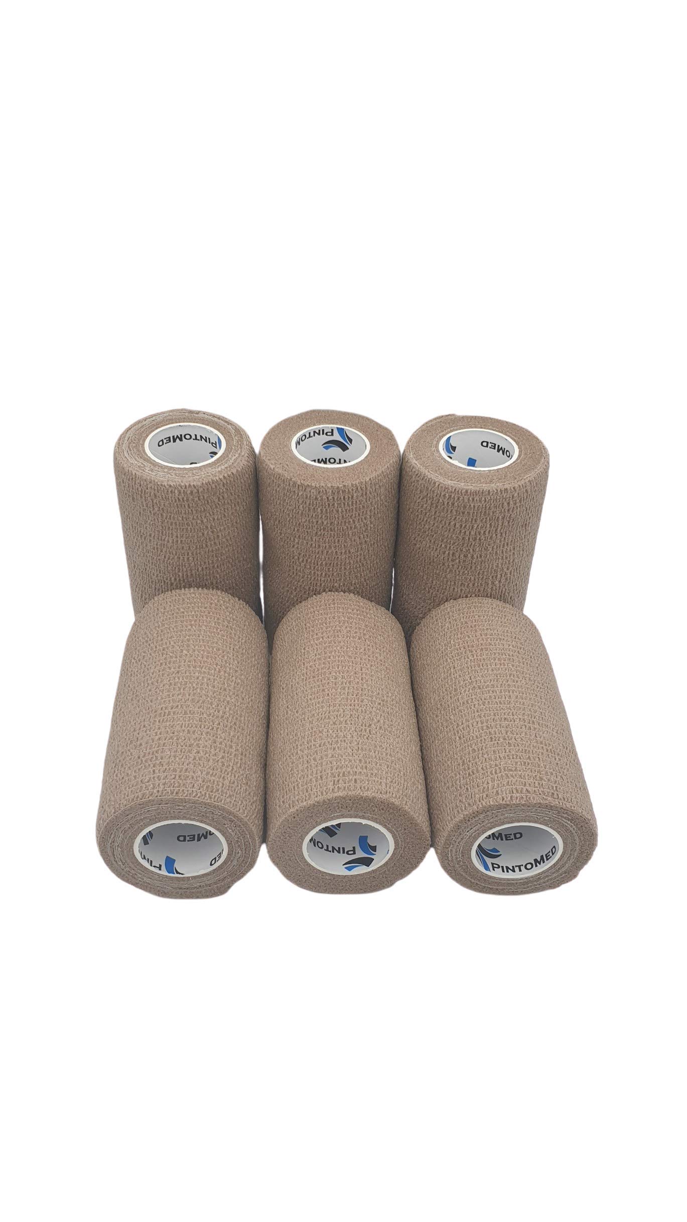 PintoMed – 6 X Beige X 10CM X 4.5M - Cohesive Bandage Stretched, Self-Adhesive Flexible Bandages, First Aid Sports Wrap Bandages Pack Individually for Medical, Sports and Veterinary use.