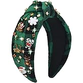 ABONDEVER Christmas Headbands for Women - Rhinestone Knotted, Jeweled Santa, Crystal Snowflake, Plaid Holiday Hair Accessories Gifts (Black Green Plaid)
