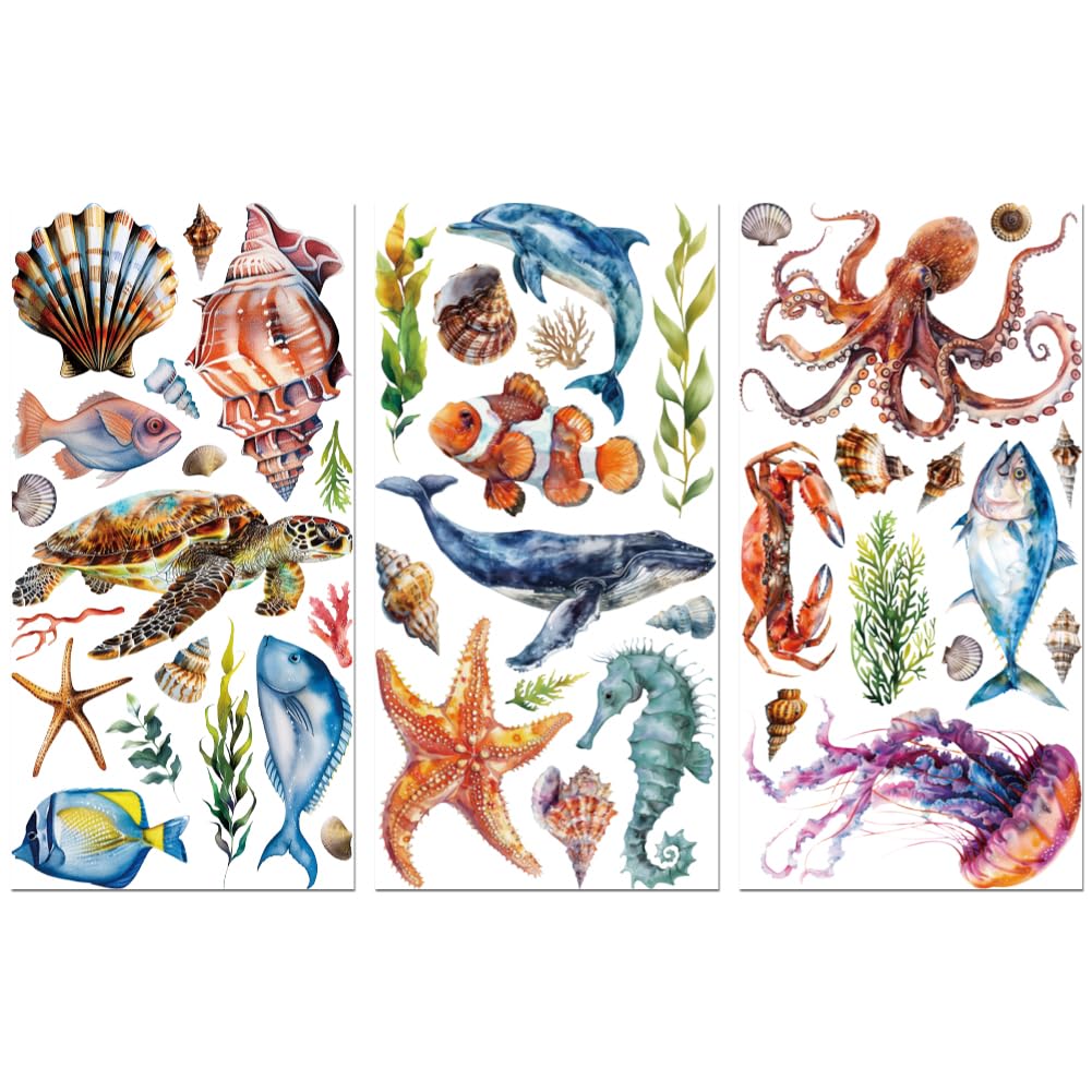 Peacoblue Rub on Transfers for Crafts 3Pcs Undersea World 15cmx30cm, UV DTF Waterproof Furniture Transfer for Chest of Drawer Dresser Glass Porcelain Wood Plastic