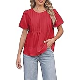 Funlingo Womens Puff Sleeve Babydoll Tops Summer Crew Neck Pleated Blouses Casual Loose Fit Flowy Swing Shirts
