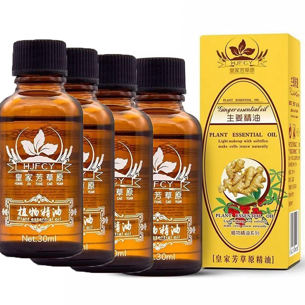 4 Pack Lymphatic Drainage Ginger Essential Oils, Vamotto 100% Pure Natural Essential Oils for Massage, Body Massage Oil Promote Blood Circulation, Relieve Muscle Soreness, Lymphatic (4)