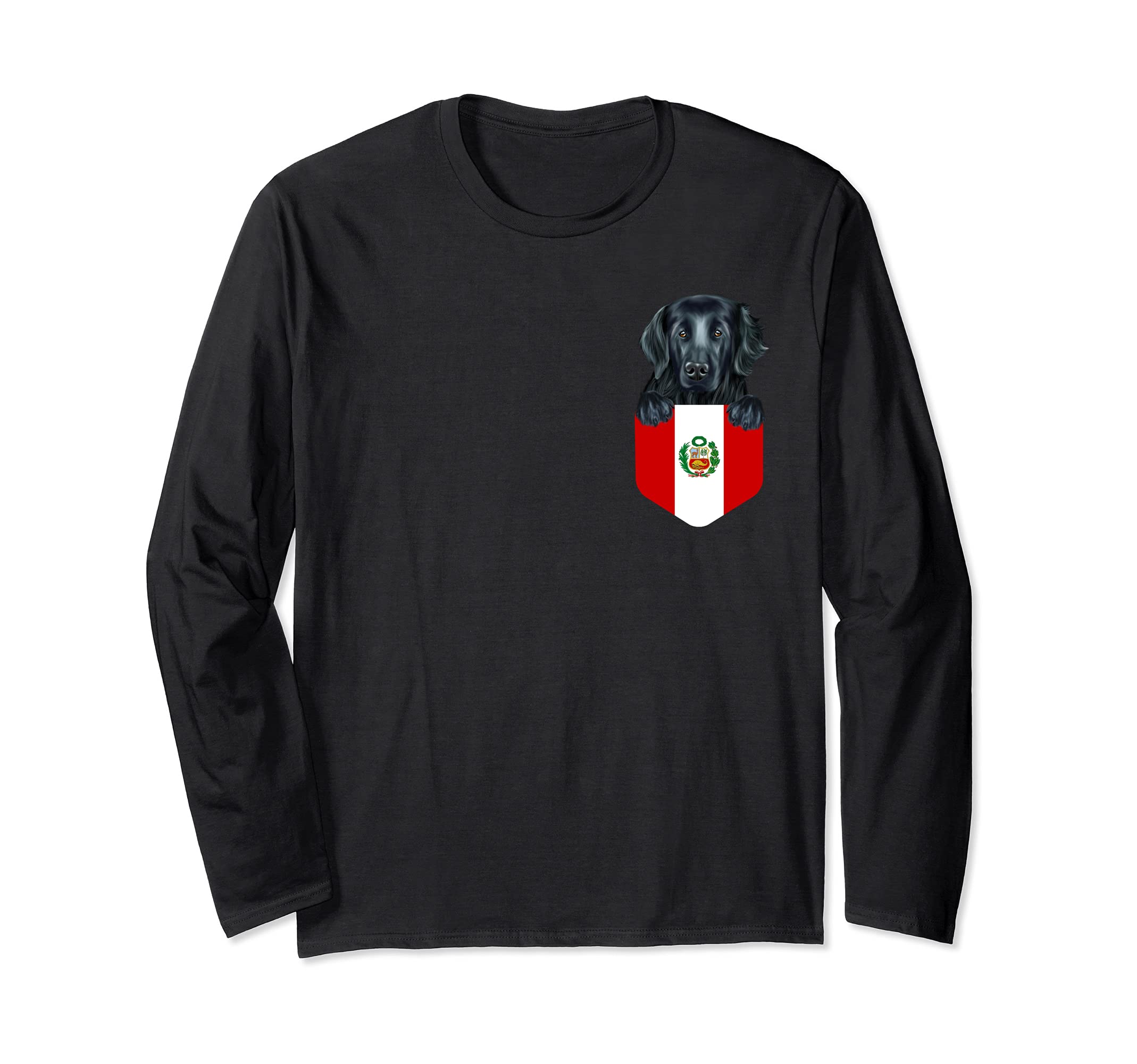 Peru Flag Flat-Coated Retriever Dog In Pocket Long Sleeve T-Shirt