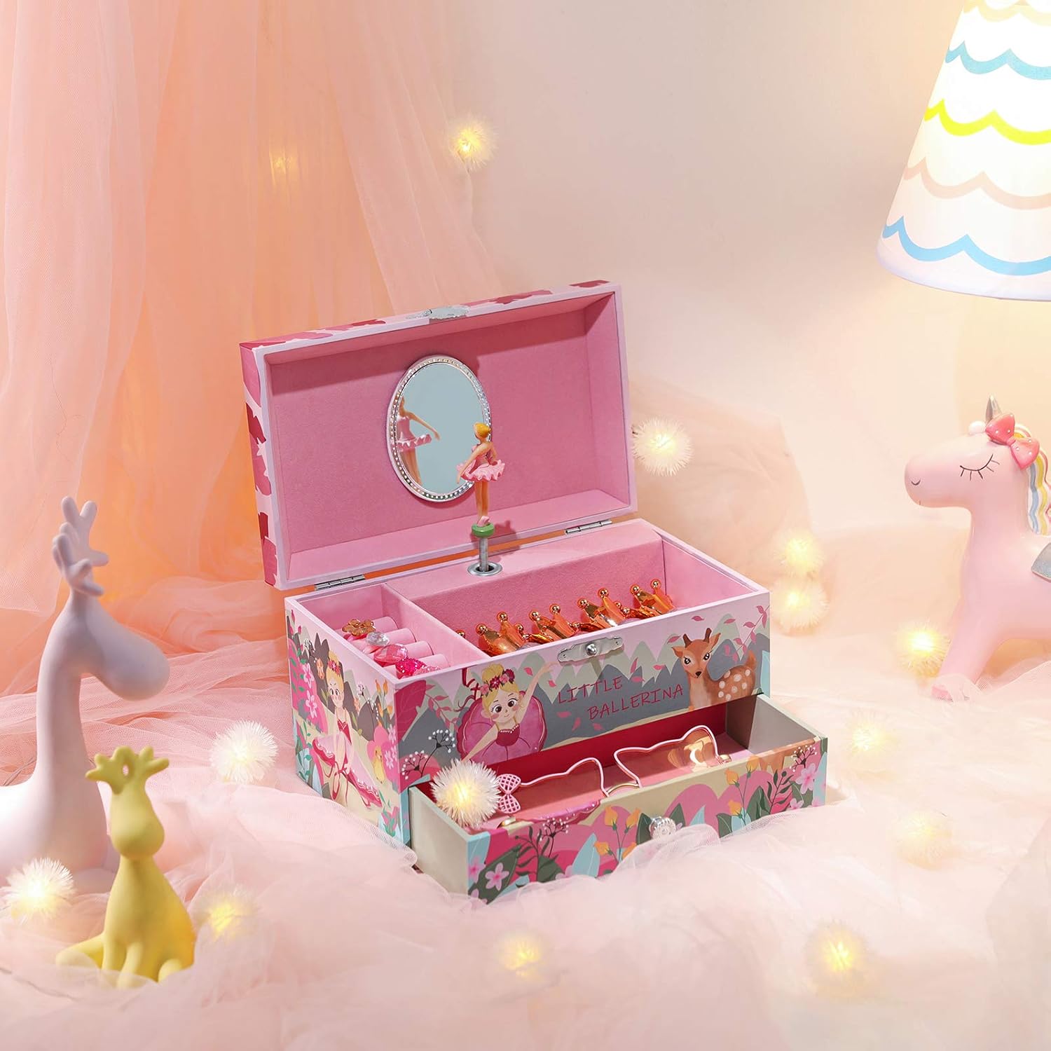 SONGMICS Ballerina Musical Jewelry Box for Kids, with Drawer, Storage Compartment, Ring Slots, 7.5”L x 4.3”W x 4.3”H, Pink: Furniture & Decor