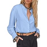 Astylish Womens 2026 Button Down Blouses Leopard Printed Trim Contrast Ruffle Cuff and Collar Puff Long Sleeve Shirts Tops