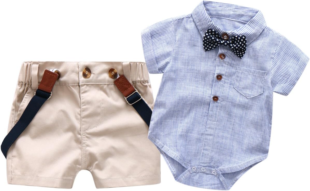 Baby Boys Short Sleeve Gentleman Outfits Suits, Infant Blue Shirt+Bib Pants+Tie Overalls Clothing Set