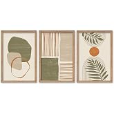 SRSZHIYUE Large Green Abstract Boho Plant Wall Art Neutral Bohemian Set of 3 Wood Framed 16x11 Inch for Living Room Bedroom Wall Decor Hanging (Wood)