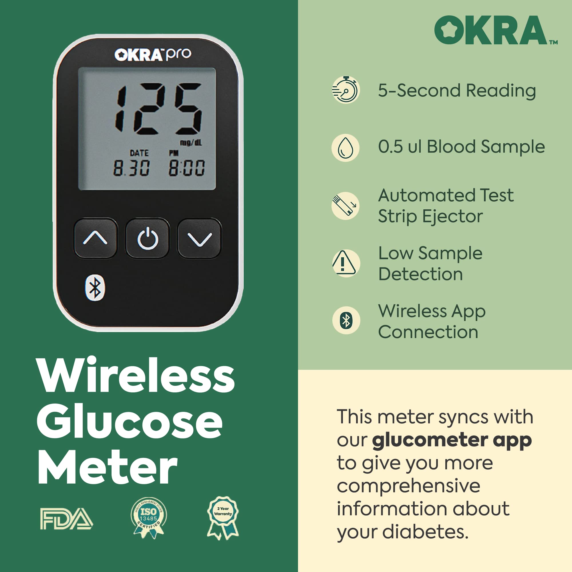 Okra Pro Glucose Monitor Kit + Refill Kit Bundle | Meter, Depth-Adjustable Lancing Device, 125 Test Strips, 125 Lancets, Control Solution and Carry Case