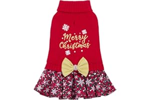 CuteBone Christmas Dog Sweater Dress Turtleneck Puppy Sweater with Bowtie Harness Hole Pullover Winter Dress for Small Dogs