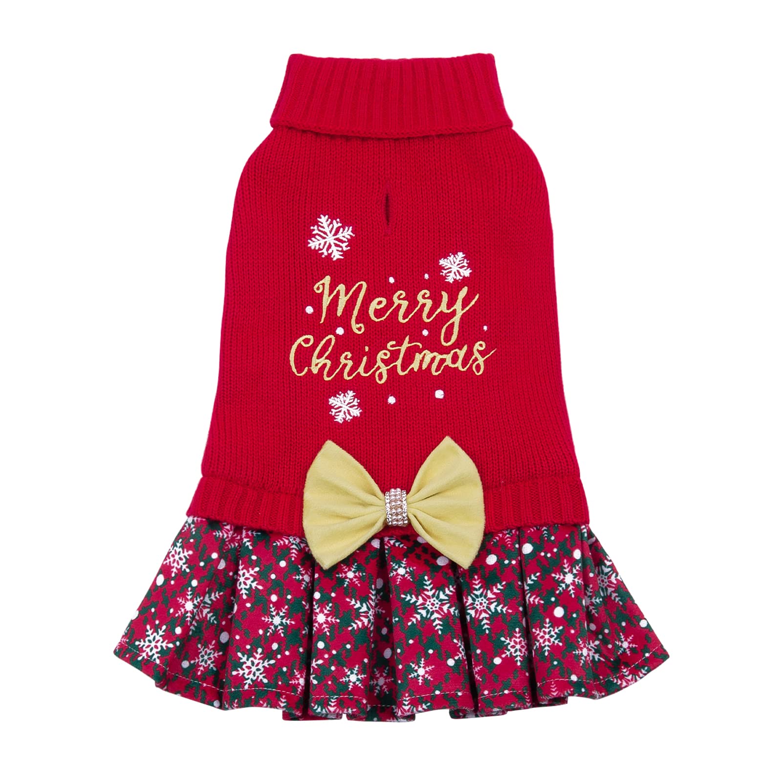 CuteBone Christmas Dog Sweater Dress Turtleneck Puppy Sweater with Bowtie Leash Hole Pullover Winter Dress for Small Dogs