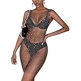 Women’s Sparkly Rhinestone Bikini Dress Sexy Sheer Mesh Sleeveless Swimsuit Cover Up Swimwear for Beach Pool Clubwear