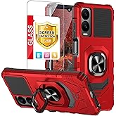 TJS for Cricket Debut S3 (U572AC) Case, AT&amp;T Vista 2 (U572AA) Case (Red) | with Tempered Glass Screen Protector Metal Ring Magnetic Support Kickstand Heavy Duty Drop Protector Phone Case Cover