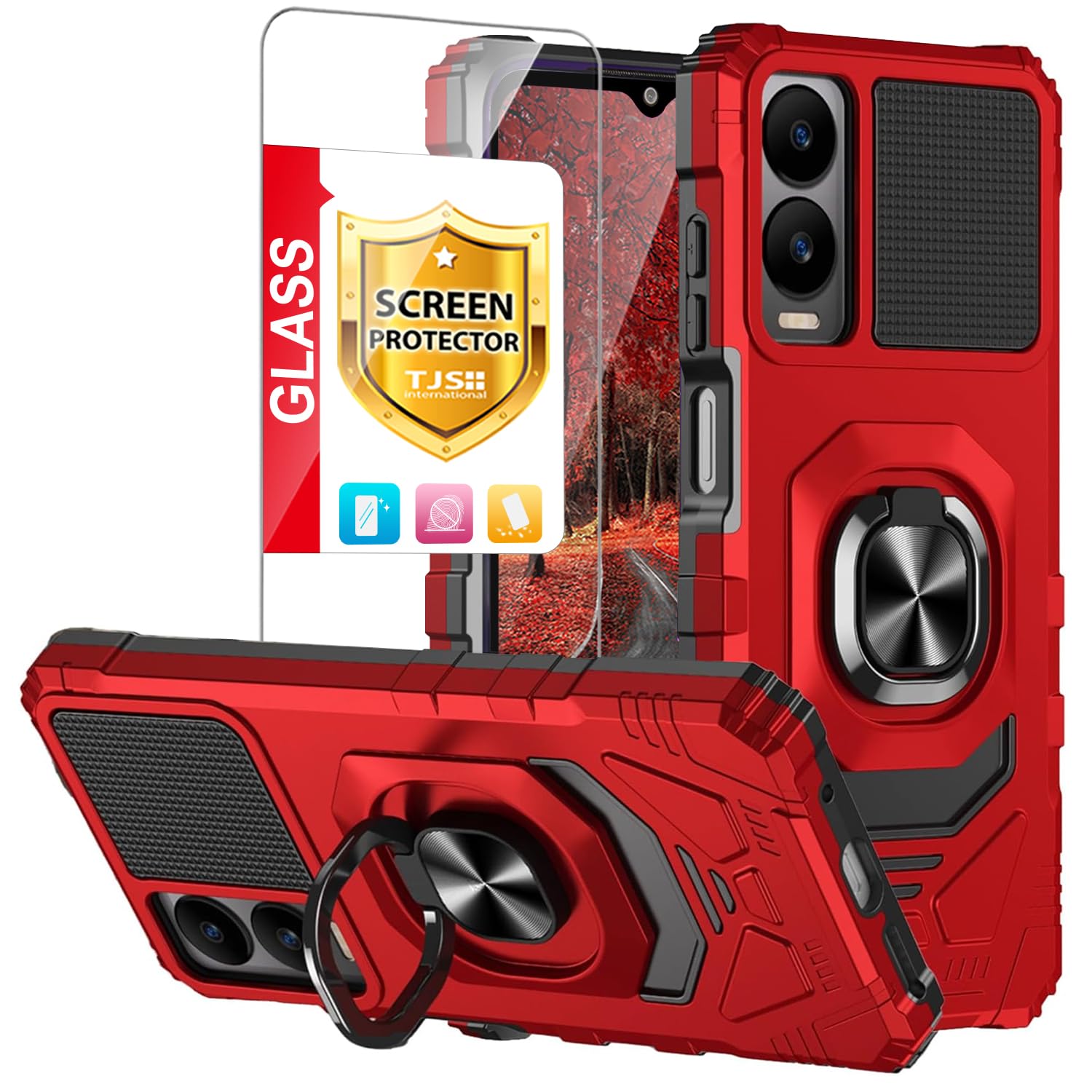 Photo 1 of ** NO SCREEN PROTECTOR**
TJS Compatible for Cricket Icon 6 (SL219C) Case, AT&T Verge (SL219A) Case, with Tempered Glass Screen Protector, Metal Ring Magnetic Support Kickstand Heavy Duty Drop Protection Phone Case (Red)