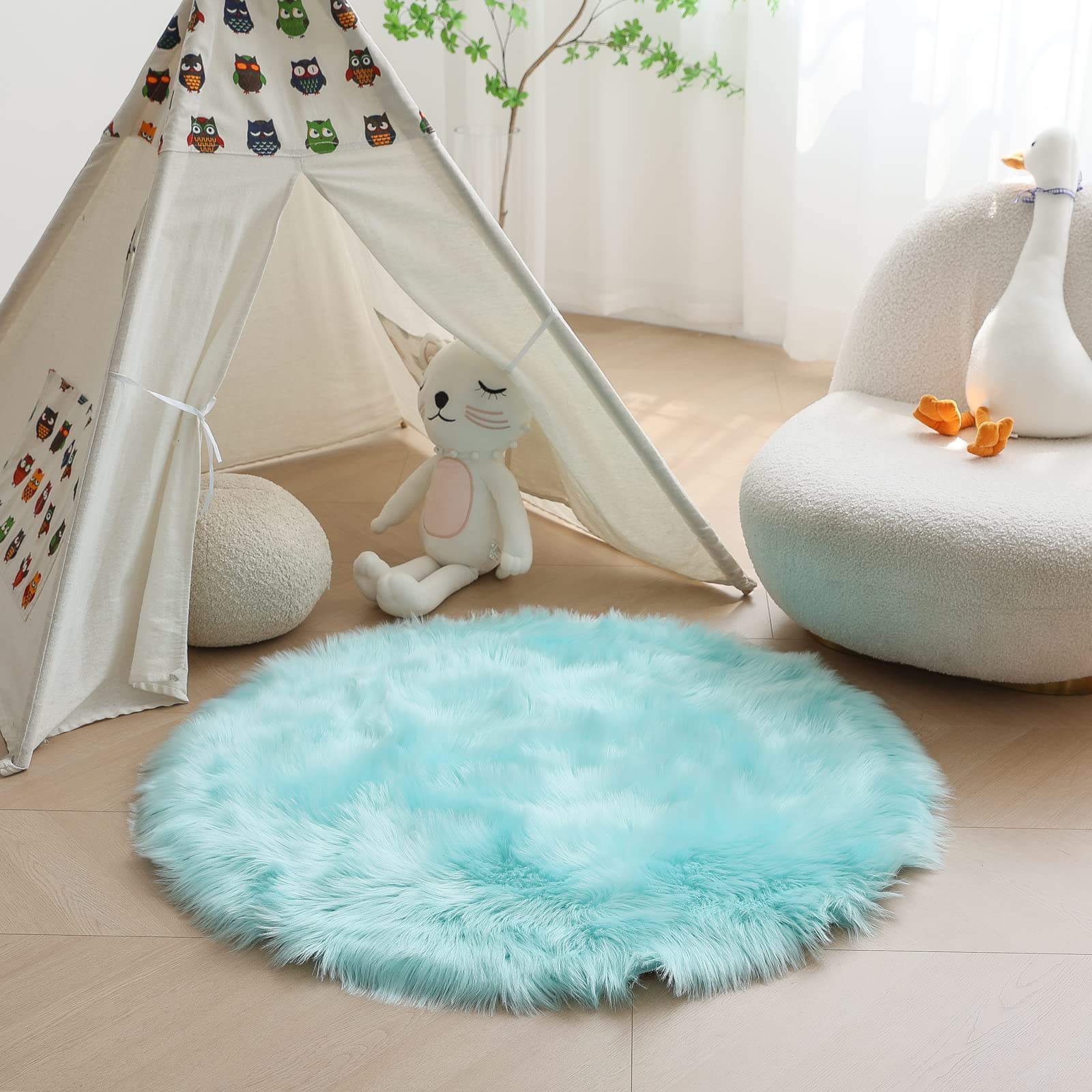 HARESLE Round Shaggy Rugs Faux Fur Rug Soft Bedroom Rugs Woolen Floor Carpet Mats (Light Blue,Diam 80cm/31.5in/2.62ft) — image 1