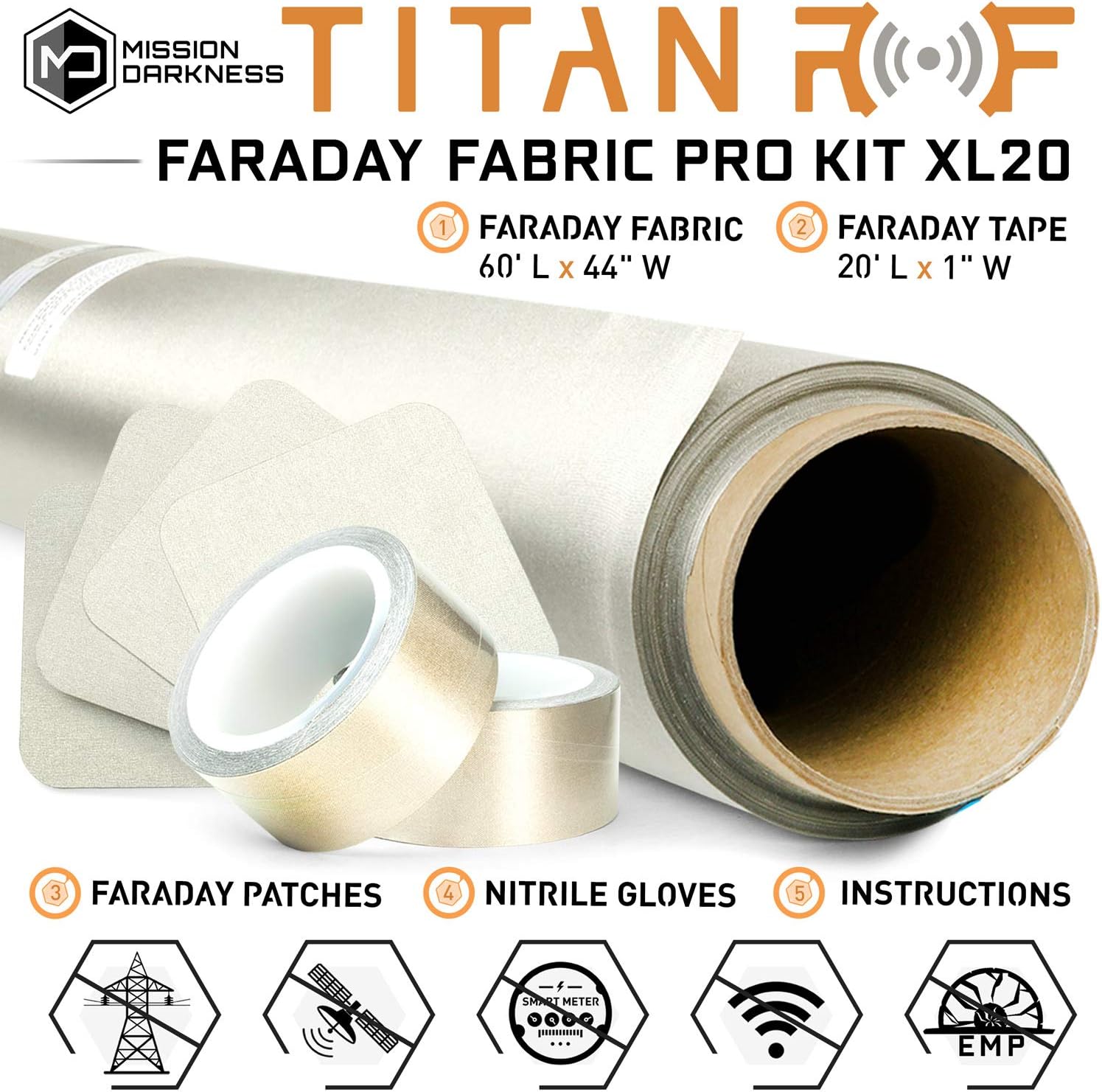 TitanRF Faraday Fabric - Pro Construction Kit XL 20 Yards - Military Grade Fabric Blocks RF Signals (WiFi, Cell, Bluetooth, etc.) - Dims: 60ft L x 44in W / 220 sq ft / + Free 20ft L Conductive Tape