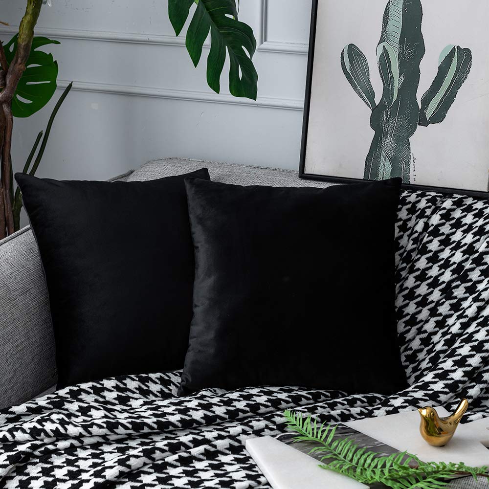 Photo 1 of UPOPO Black Velvet Throw Pillow Covers Square Soft Solid Decorative Pillowcase Set Cushion Case for Sofa Living Room Car 2 Pcs 16 x 16 inch
