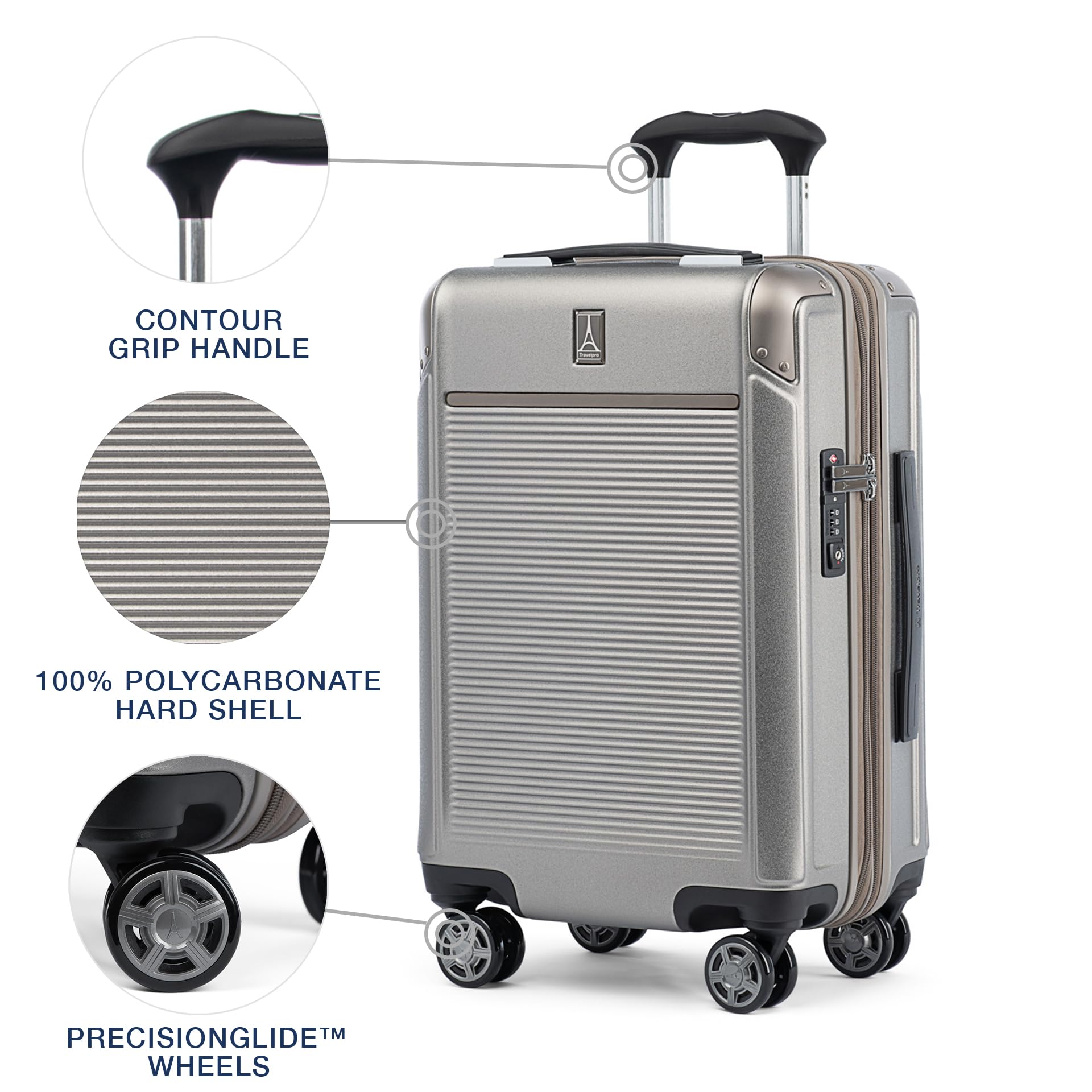 Travelpro Platinum Elite Hardside Expandable Carry on Luggage, 8 Wheel Spinner, TSA Lock, Hard Shell Polycarbonate Suitcase, Metallic Sand, Carry on 21-Inch