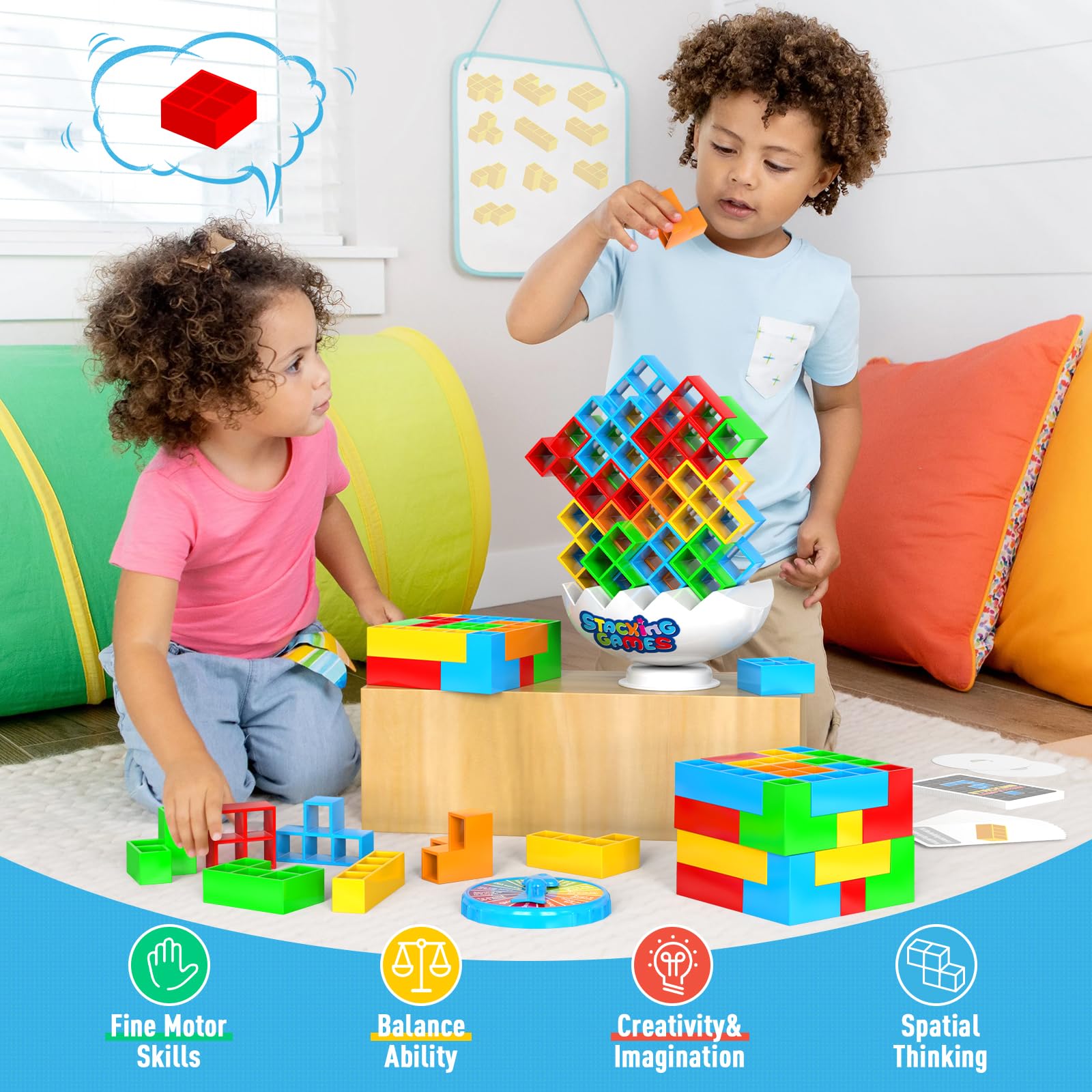 70Pcs Tetra Board Game for Kids & Adults 4-8 8-12, Team Building Blocks Stacking Game, Stacking Balance Toy for Family Friend, 2 Players+ Family Games